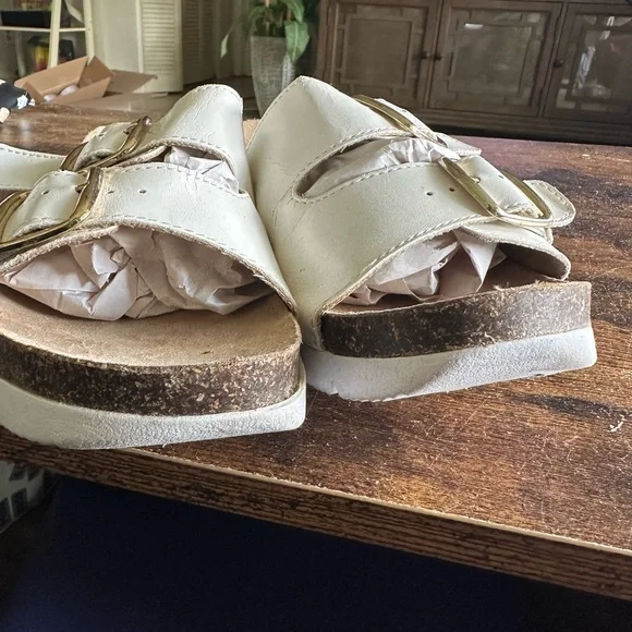 Rialto Womens Farina Sandals 8.5 White Slip On Slides Comfy Cork Wedge Platform - Picture 8 of 11